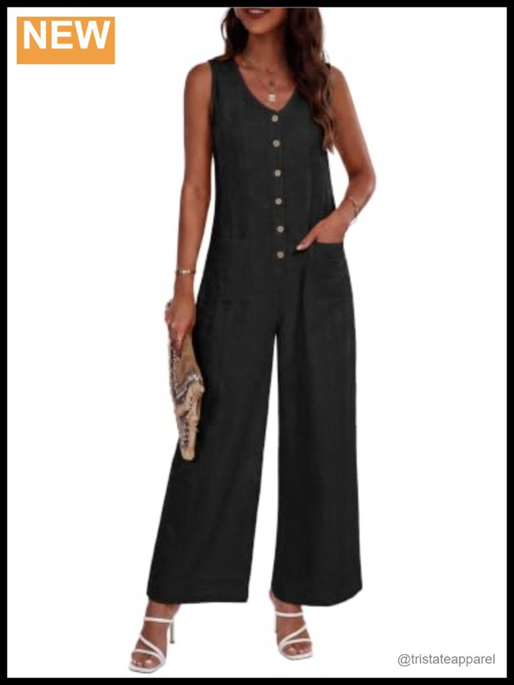 Women Button Down Wide Leg Jumpsuit Loose Fit Sleeveless Romper